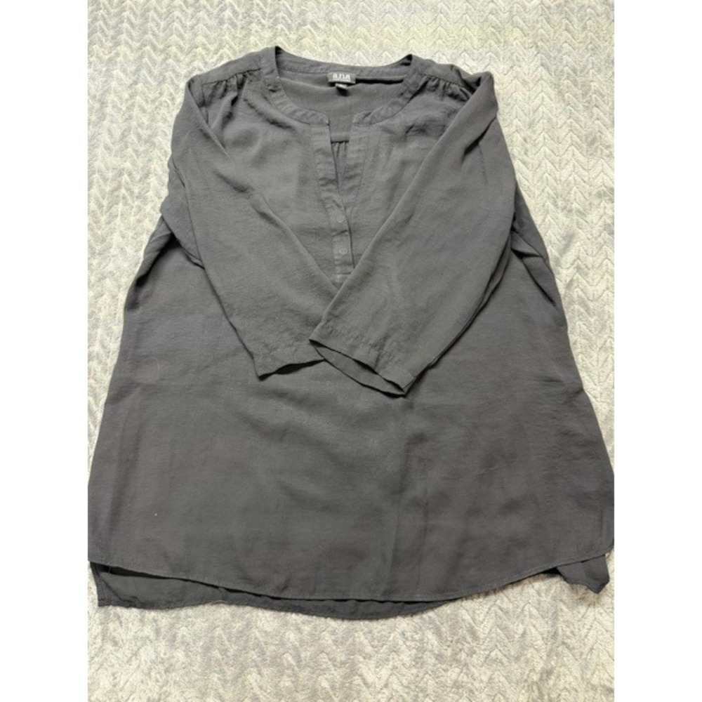 ana A New Approach Women XL Black 3/4 Sleeve Split V-Neck Button  Blouse 0658